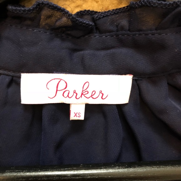 Parker Navy Blue Ruffle Cold Shoulder Blouse Sz XS - Picture 5 of 7